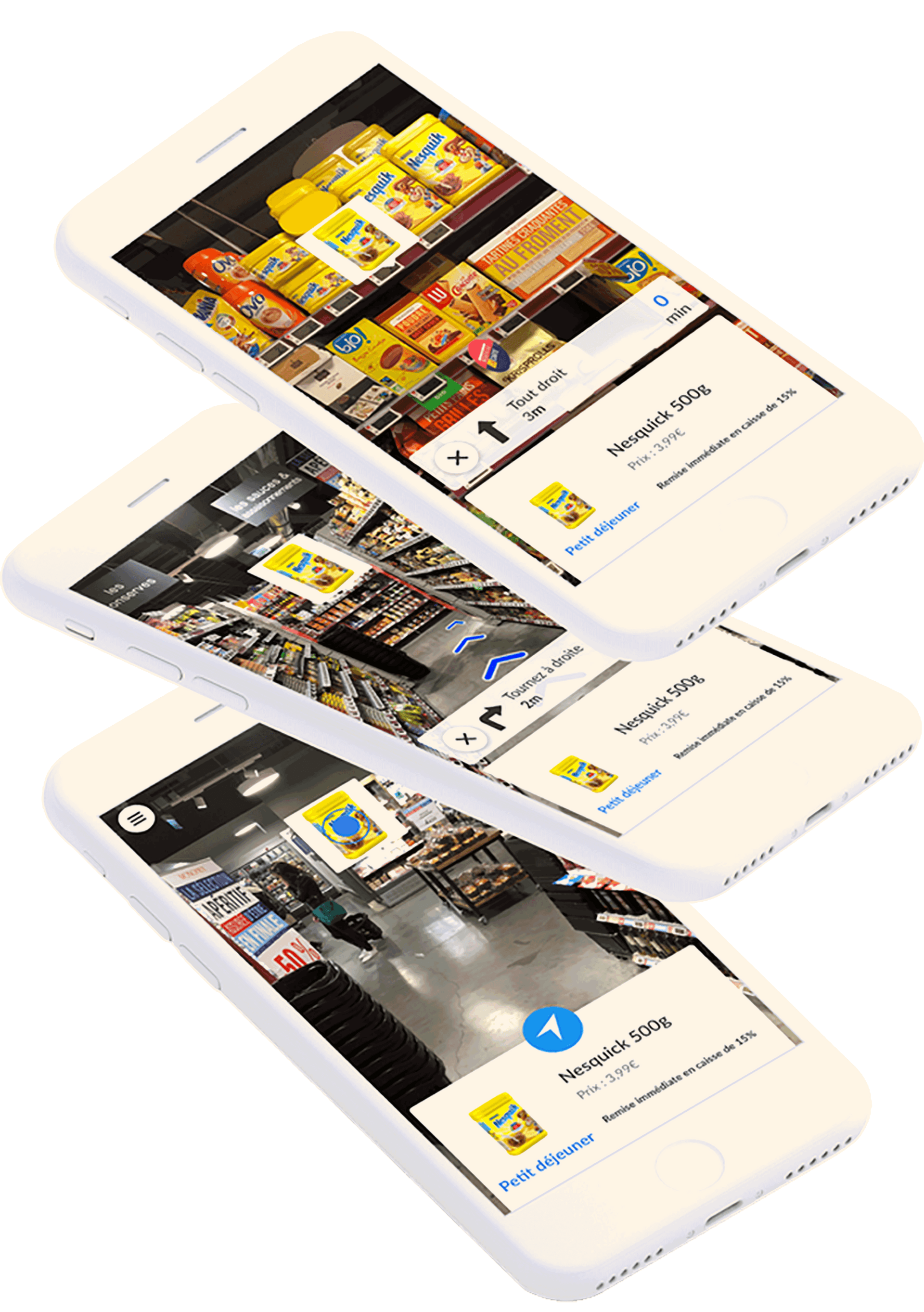 3 mobiles with indoor augmented reality navigation in store